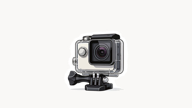 Clean vector cartoon illustration of a white action camera in transparent waterproof protective housing, mounted on a standard camera mount against a plain off-white background
