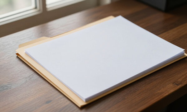 reveals manila folder nestled beside pristine white paper dark wooden desk bathed soft natural light filtering nearby