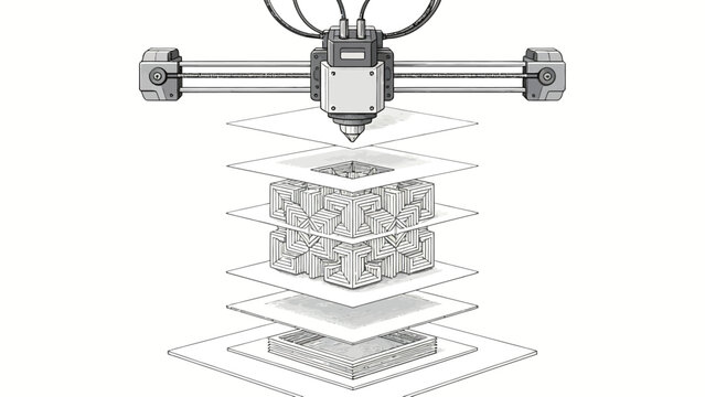 Monochrome Technical Line Art Exploded View Demonstrating Layer-by-Layer Additive 3D Printing Construction of Intricate Geometric Object