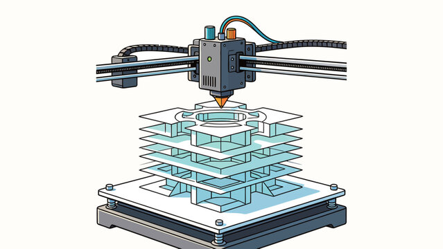 Stylized technical line illustration of a Cartesian 3D printer extruder printing a layered mechanical part, demonstrating additive manufacturing layer-by-layer fabrication on a build plate