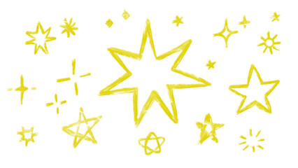 Fototapeta premium Yellow starburst doodles isolated on white, hand-drawn style, various star shapes, celebratory, artistic, whimsical design element, transparent background.