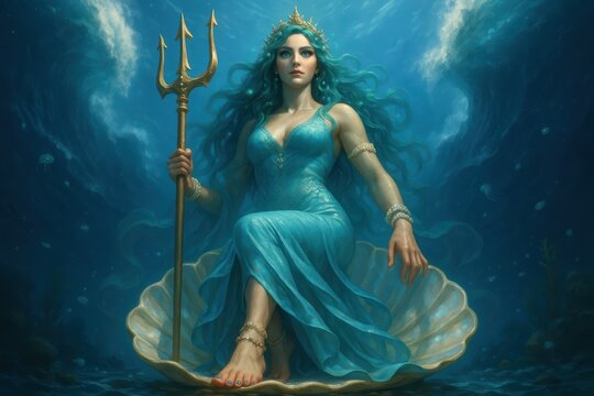 Beautiful sea goddess holding a trident while sitting inside a giant seashell