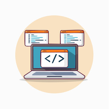 Laptop with code windows and programming symbols