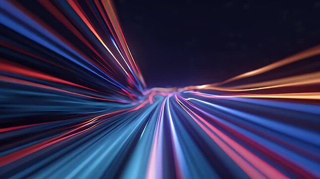 Hyper-speed neon light trails rushing through dark void in a premium cinematic steady cam glide for high-speed technology marketing