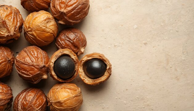 Whole Whole Dry Reetha Soapnuts with Black Seeds on Sandstone
