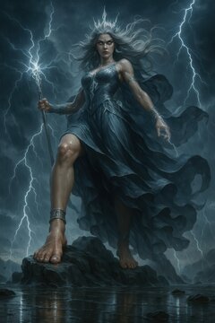 Fierce female thunder deity holding electric staff in dark rainy landscape