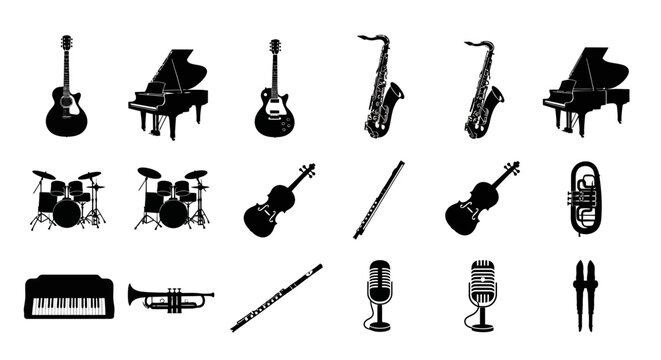 Collection of black silhouettes of various musical instruments on white background