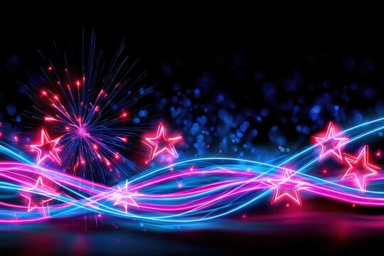 Bright neon stars and colorful light waves illuminate a festive night sky with fireworks bursting in the background.