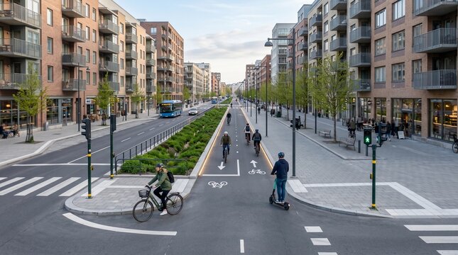 Protected urban micro-mobility corridor at morning rush hour
