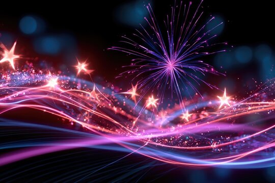 Vibrant fireworks burst over a dynamic wave of colorful light trails and sparkling stars against a dark background.