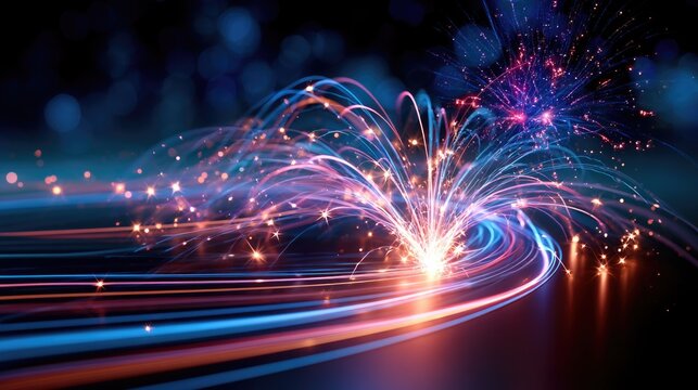 Bright, colorful light trails and sparks create a dynamic, swirling pattern against a dark background, resembling fireworks or energetic particle movement.
