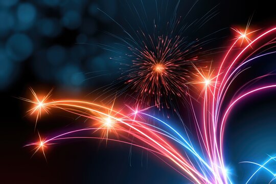 Colorful fireworks explode against a dark night sky, creating bright red, orange, blue, and purple streaks of light with sparkling effects.