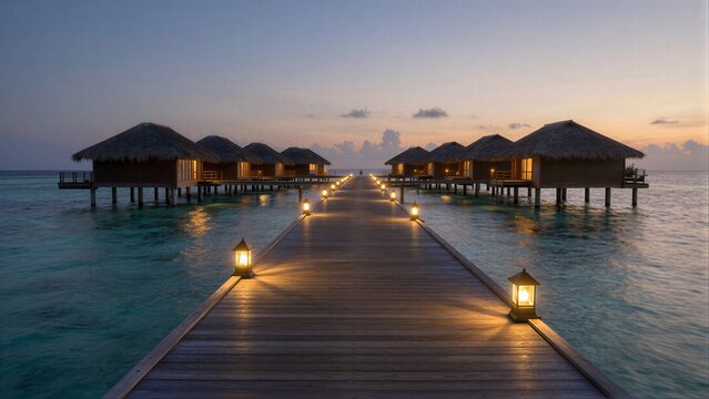 Serene twilight over water villas glowing lanterns line a wooden pier.