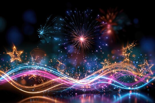 Bright fireworks explode in the night sky above colorful, glowing light trails and sparkling stars reflecting on a glossy surface.