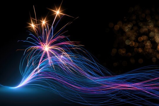 Colorful light trails and starbursts create an abstract, dynamic display against a dark background, resembling digital fireworks or fiber optic strands.