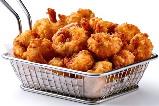 Crispy golden fried shrimp served in a small metal basket, showcasing a crunchy textured coating and appetizing presentation.