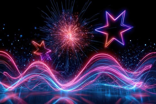 Neon stars and colorful fireworks light up a dynamic, vibrant scene with flowing neon waves and sparkling particles on a dark reflective surface.