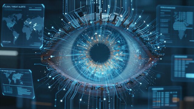 Digital eye surveilling global data cybernetic vision monitoring