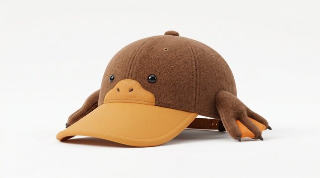 Platypusthemed baseball cap with bill and webbed feet isolated on white background