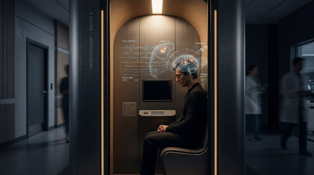 Digital mindscape unfolds as a man sits for a Neuroconsent Booth 4 scan