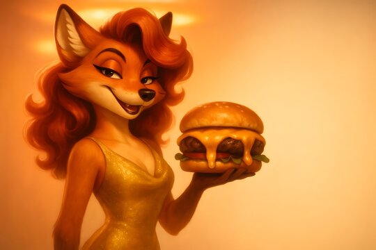 Female Fox Character with Burger in Hand