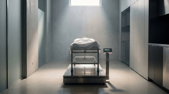 Whispers of finality in a clinical space where a shrouded form awaits its solemn reckoning under a gentle beam
