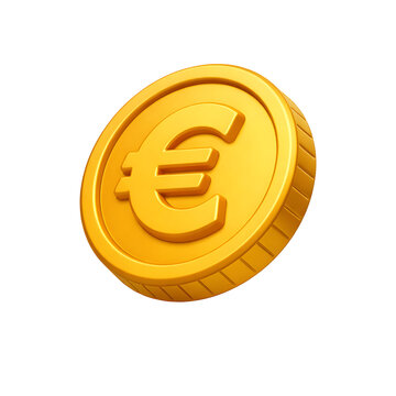 Golden euro coin with embossed currency symbol on transparent background