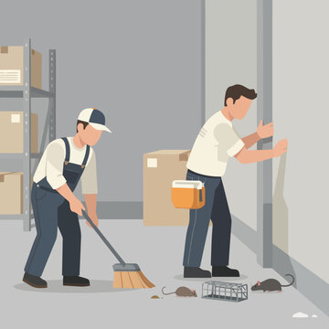 Two workers managing pest control and cleaning in a warehouse.