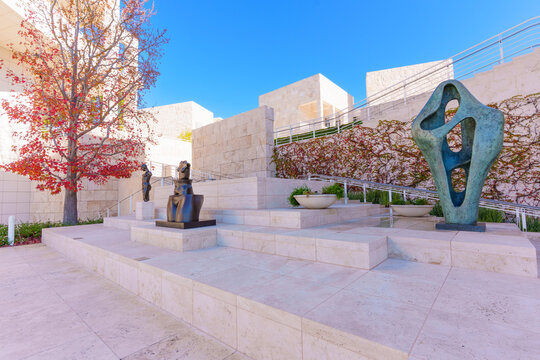 Los Angeles, California - January 8, 2026: Bronze Sculptures At The Getty Center Terrace Los Angeles