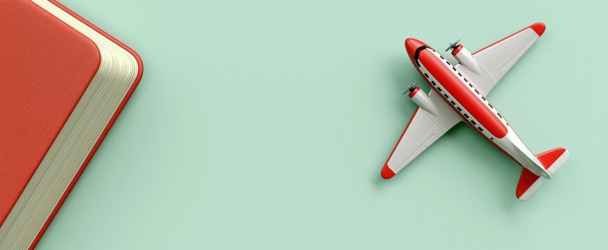 Travel journal and vintage airplane model on mint background symbolizing adventure and holiday planning.