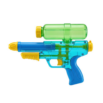 Blue and green plastic water gun toy isolated on black