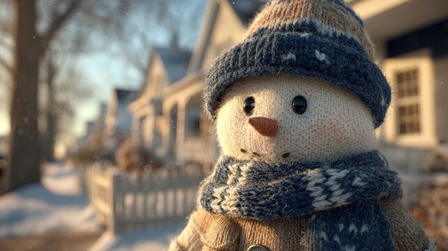 Cozy Knit Snowman with Warm Hat and Scarf in Winter Suburban Street