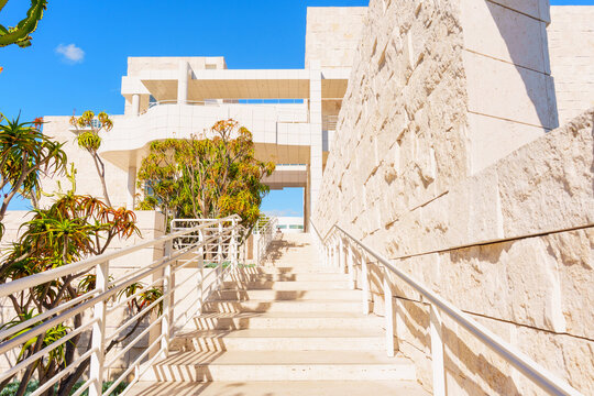 Los Angeles, California - January 8, 2026: The Iconic Stone Staircase At The Getty Center In The Sun