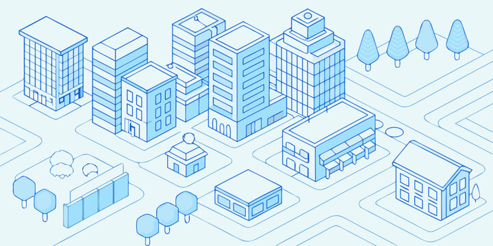Isometric city scene with blue buildings and stylized trees