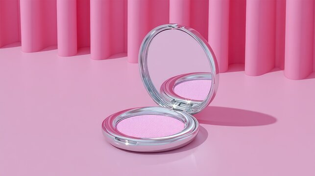 Shiny Compact Powder Opened on Pink Studio Surface