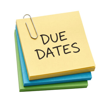 Stack of colorful sticky notes with due dates text and paperclip