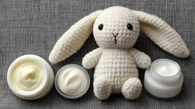 Creamy Dollop Creams Beside Soft Knitted Bunny on Gray Fabric