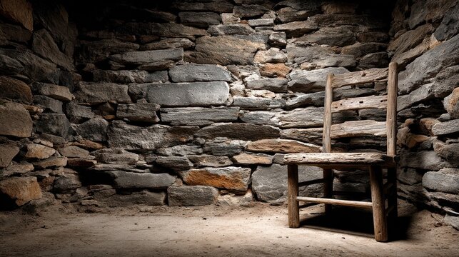Rustic Wooden Chair Resting Against Stone Wall in Bare Room