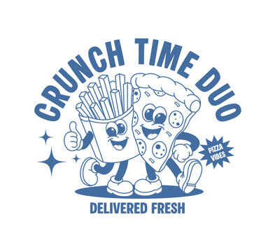 Retro fast food cartoon mascot featuring happy pizza and fries characters with vintage typography, playful doodle style illustration for t-shirt, sticker, and apparel design