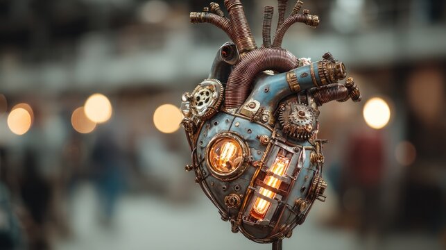 Industrial Steampunk Heart Sculpture with Visible Tubes and Gears