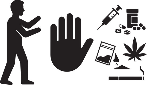International day against drug abuse and illicit trafficking silhouette vector illustration with man stopping syringe pills cannabis and cigarette icons