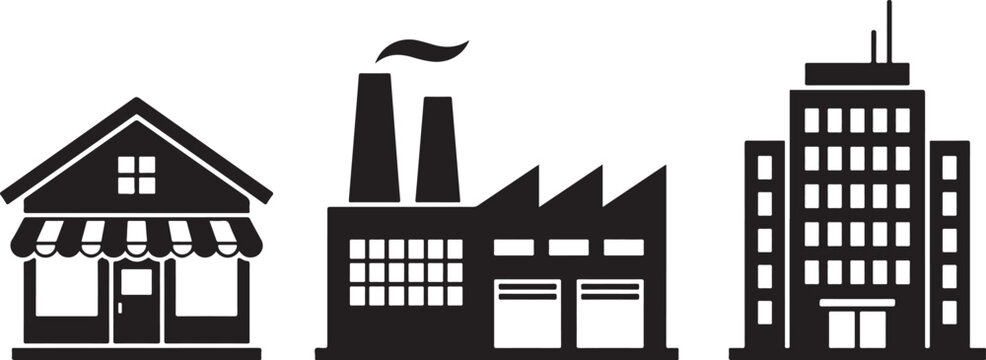 MSME day silhouette vector illustration with small shop medium factory and large enterprise office building icons set
