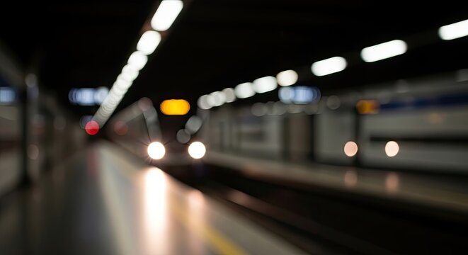 Blurred motion of a subway train arriving at a dark station platform.