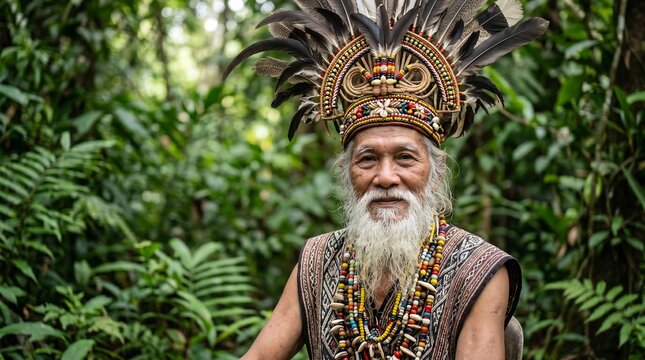 Portrait of a senior indigenous man wearing a feathered headdress