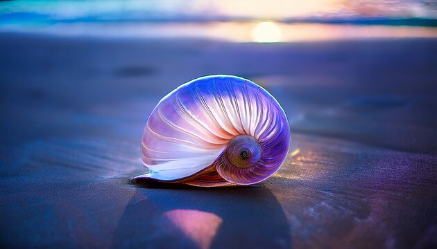 A Single Iridescent Nautilus Shell Rests On A Bright Wet Sandy Beach At Bright Its Surface Shimmering With An Ethereal Inner Glow Of Vibrant Purple And Soft White