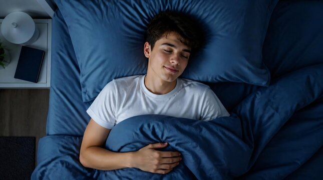 Young man sleeping soundly in bed at night.