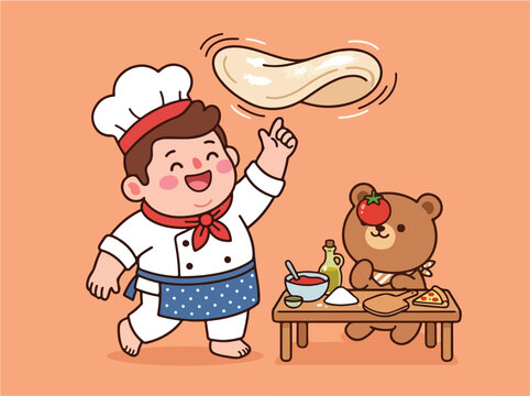 Little chef with bear friend.