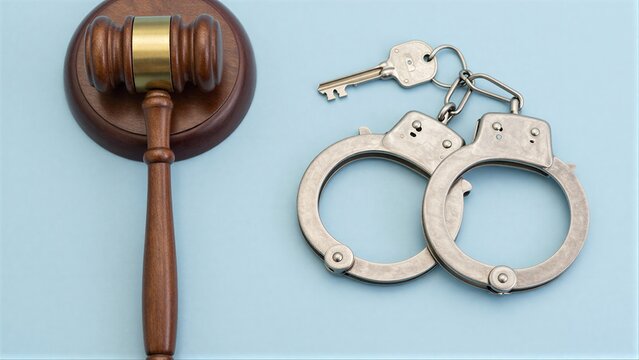 Judge's gavel and handcuffs symbolize law enforcement and justice