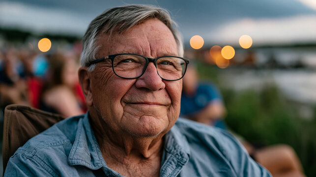 Crowded Fourth of July waterfront celebration in coastal Georgia town, elderly retired veteran in collared shirt sits on folding chair watching firework preparation crew work against dramatic bruise