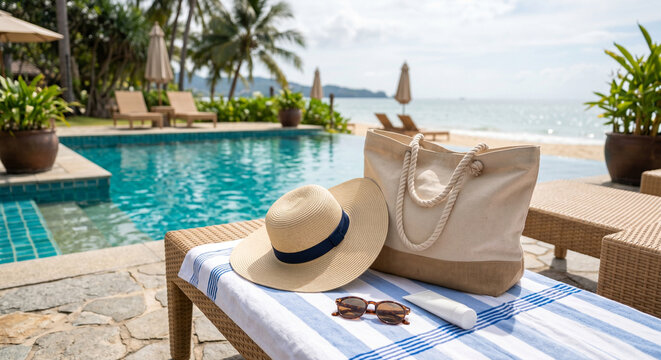 Poolside beach travel props with straw hat, tote bag and striped towel on lounge chair beside swimming pool and tropical palm trees